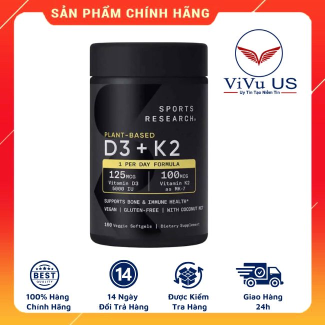 Hỗ trợ xương khớp Vitamin D3 K2 Sports Research 125mcg thuần chay 160 viên