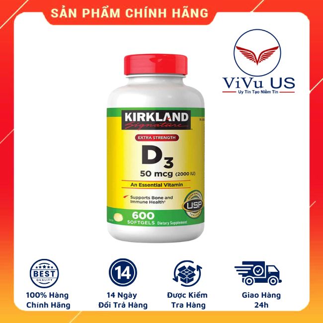 Vitamin D3 2000IU Kirkland - Viên Uống Bổ Sung Vitamin D Chất Lượng Từ Mỹ, Hỗ Trợ Xương Khớp và Hệ Miễn Dịch, Hộp 600 Viên